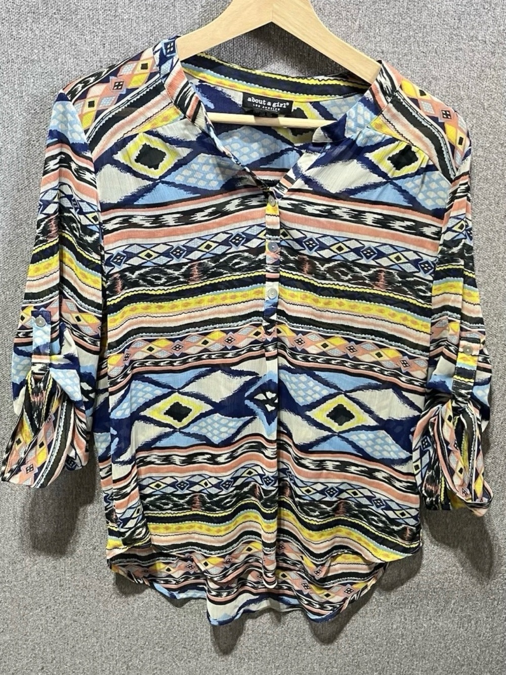 About A Girl Multicolor Geometric Button-Front Blouse - Blue/Yellow/Pink